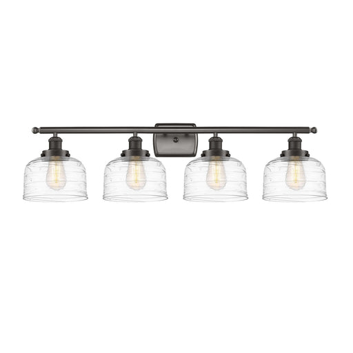 Innovations Bell 38in 4-Light Bath Vanity Light | Industrial Oil Rubbed Bronze Steel and Clear Deco Swirl Glass | Bathroom | Model 916-4W-OB-G713-LED