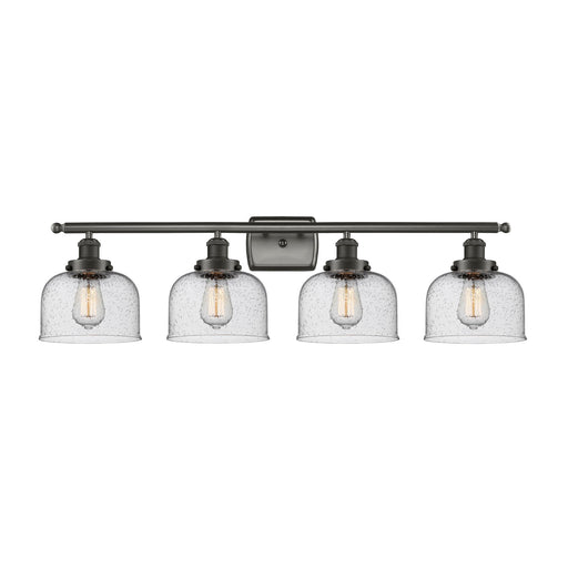 Innovations Bell 38in 4-Light Bath Vanity Light | Industrial Oil Rubbed Bronze Steel and Seedy Glass | Bathroom Vanity | 38 x 11 in | Model 916-4W-OB-G74