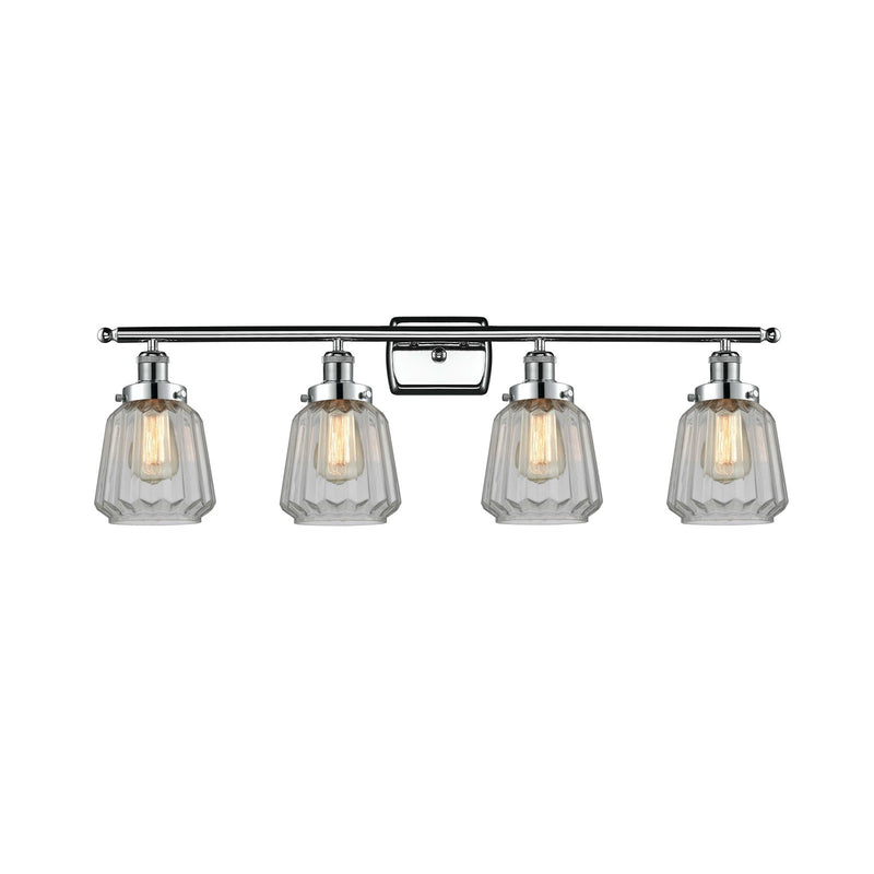 Innovations Chatham 37in 4-Light Bath Vanity Light | Modern Transitional Polished Chrome Steel and Clear Ribbed Glass Shades | Model 916-4W-PC-G142