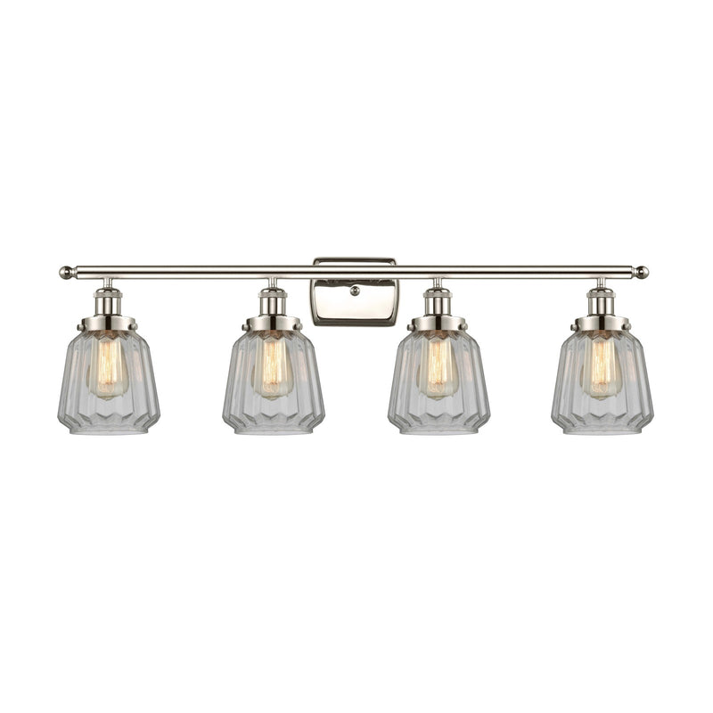 Innovations Chatham 37in 4-Light Bath Vanity Light | Modern Transitional Polished Nickel Steel and Clear Ribbed Glass Shades | Model 916-4W-PN-G142