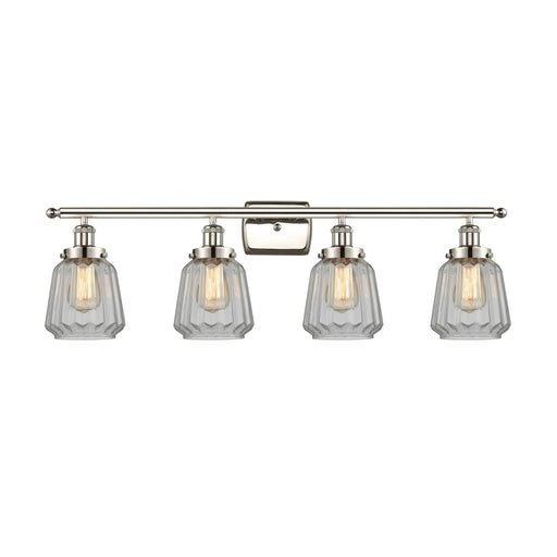 Innovations Chatham 37in 4-Light Bath Vanity Light | Modern Transitional Polished Nickel Steel and Clear Ribbed Glass Shades | Model 916-4W-PN-G142