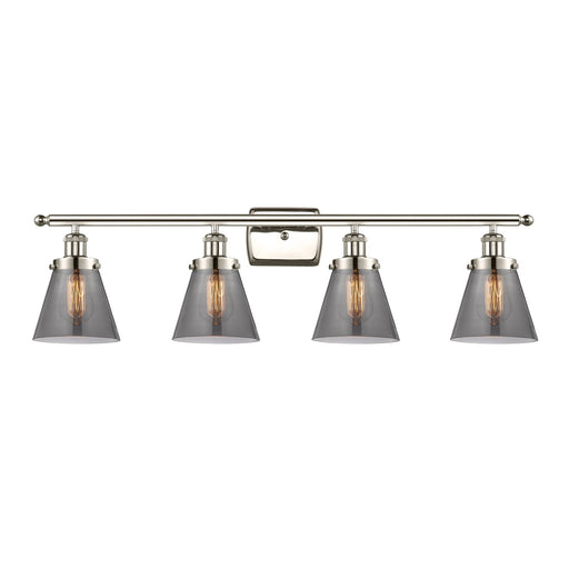 Innovations Cone 36in 4-Light Bath Vanity Light | Industrial Polished Nickel Steel and Light Smoke Glass | Bathroom Vanity | Model 916-4W-PN-G63-LED