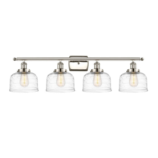 Innovations Bell 38in 4-Light Bath Vanity Light | Industrial Polished Nickel Steel and Clear Deco Swirl Glass | Bathroom Vanity | Model 916-4W-PN-G713