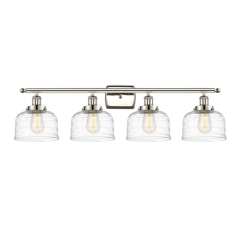 Innovations Bell 38in 4-Light Bath Vanity Light | Industrial Polished Nickel Steel and Clear Deco Swirl Glass | Bathroom Vanity | Model 916-4W-PN-G713-LED