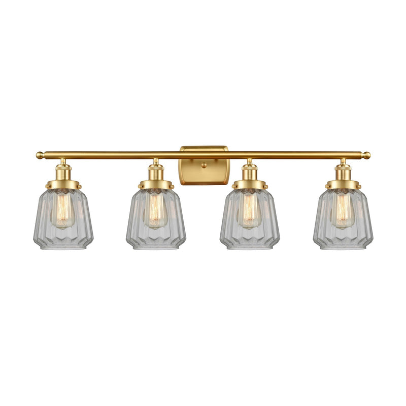 Innovations Chatham 37in 4-Light Bath Vanity Light | Modern Satin Gold and Clear Ribbed Glass | Bathroom Vanity | 37 x 12 in | Model 916-4W-SG-G142