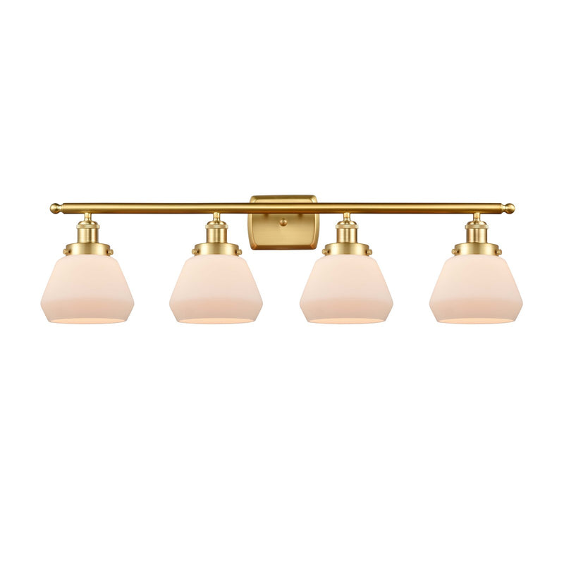 Innovations Fulton 37in 4-Light Bath Vanity Light | Modern Contempo Satin Gold Steel and Matte White Frosted Glass | Bathroom | Model 916-4W-SG-G171