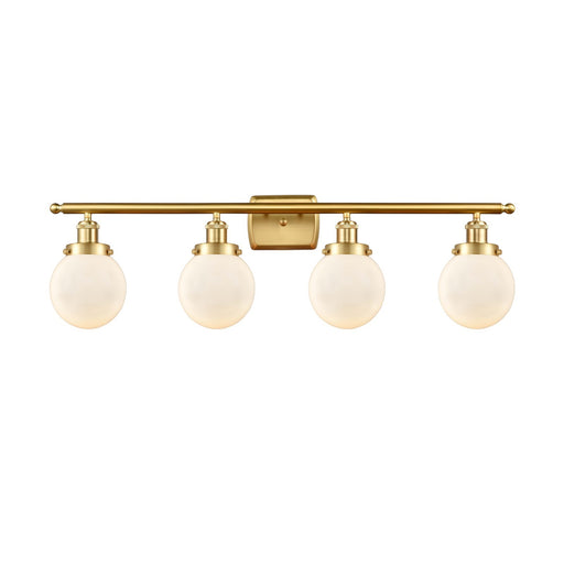 Innovations Beacon 36in 4-Light Bath Vanity Light | Modern Contempo Satin Gold Steel and Matte White Glass | Bathroom Vanity | Model 916-4W-SG-G201-6