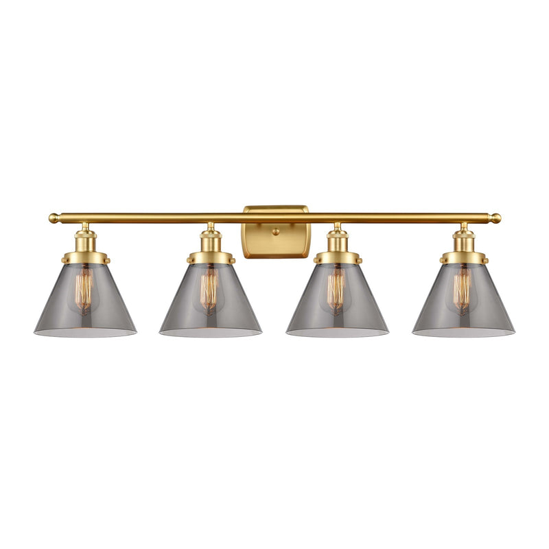 Innovations Cone 38in 4-Light Bath Vanity Light | Industrial Satin Gold Steel and Light Smoke Glass | Bathroom Vanity & Powder Room | Model 916-4W-SG-G43