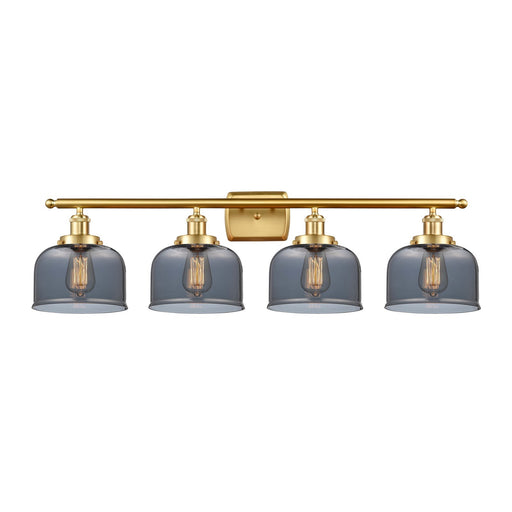Innovations Bell 38in 4-Light Bath Vanity Light | Industrial Satin Gold Steel and Light Smoke Glass | Bathroom Vanity | 38 x 11 in | Model 916-4W-SG-G73