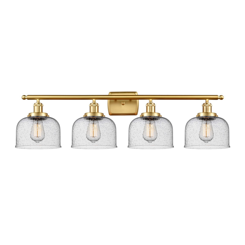 Innovations Bell 38in 4-Light Bath Vanity Light | Industrial Satin Gold Steel and Seedy Glass | Bathroom Vanity | 38 x 11 in | Model 916-4W-SG-G74