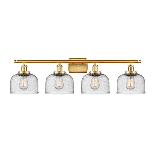 Innovations Bell 38in 4-Light Bath Vanity Light | Industrial Satin Gold Steel and Seedy Glass | Bathroom Vanity | 38 x 11 in | Model 916-4W-SG-G74