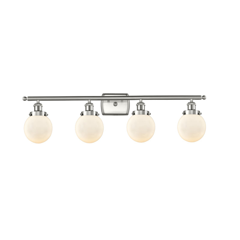 Innovations Beacon 4-Light 36in Bath Vanity Light | Modern Brushed Satin Nickel Steel and Matte White Glass | Bathroom Vanity | Model 916-4W-SN-G201-6-LED