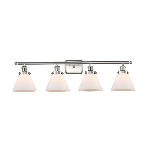 Innovations Cone 38in 4-Light Bath Vanity Light | Industrial Brushed Satin Nickel and Matte White Frosted Glass | Bathroom | Model 916-4W-SN-G41-LED