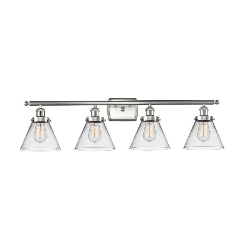 Innovations Cone 38in 4-Light Bath Vanity Light | Industrial Brushed Satin Nickel and Clear Glass | Bathroom Vanity & Powder | Model 916-4W-SN-G42-LED