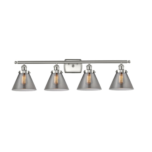 Innovations Cone 38in 4-Light Bath Vanity Light | Industrial Brushed Satin Nickel and Light Smoke Glass | Bathroom Vanity | Model 916-4W-SN-G43