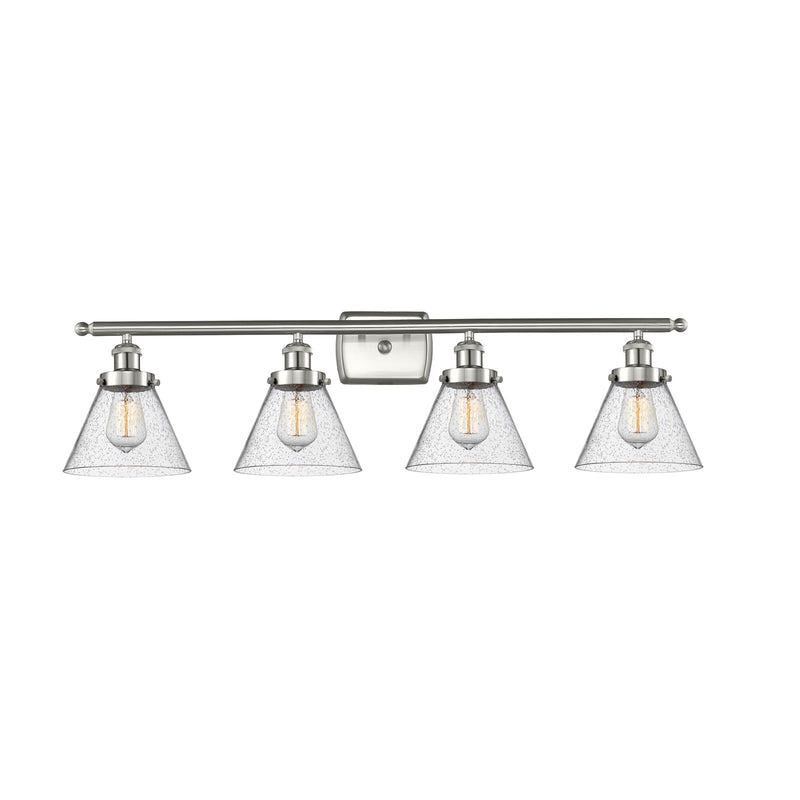 Innovations Cone 38in 4-Light Bath Vanity Light | Industrial Brushed Satin Nickel and Seedy Glass | Bathroom Vanity | Model 916-4W-SN-G44-LED
