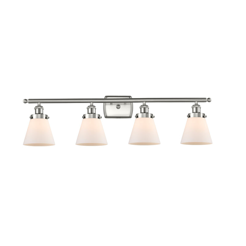 Innovations Cone 36in 4-Light Bath Vanity Light | Industrial Brushed Satin Nickel and Matte White Frosted Glass | Bathroom Vanity | Model 916-4W-SN-G61