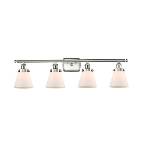 Innovations Cone 36in 4-Light LED Bath Vanity Light | Industrial Brushed Satin Nickel and Matte White Frosted Glass | Bathroom | Model 916-4W-SN-G61-LED
