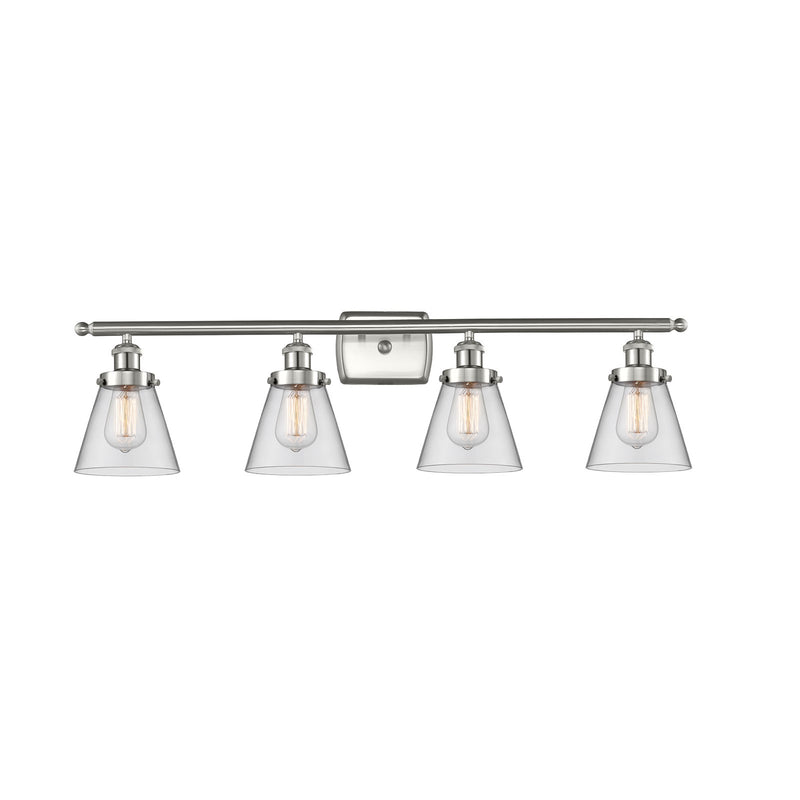 Innovations Cone 36in 4-Light Bath Vanity Light | Brushed Satin Nickel Steel and Clear Cone Glass | Bathroom Vanity with LED | Model 916-4W-SN-G62-LED