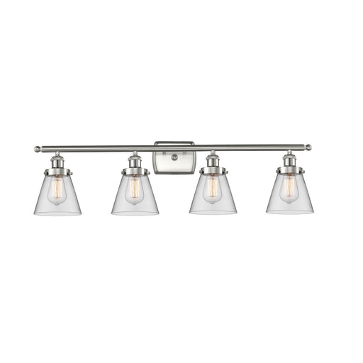 Innovations Cone 36in 4-Light Bath Vanity Light | Brushed Satin Nickel Steel and Clear Cone Glass | Bathroom Vanity with LED | Model 916-4W-SN-G62-LED