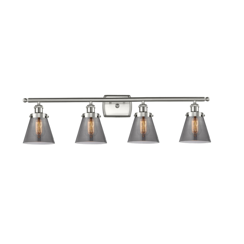 Innovations Cone 36in 4-Light Bath Vanity Light | Brushed Satin Nickel Steel and Light Smoke Cone Glass | Bathroom Vanity with | Model 916-4W-SN-G63-LED