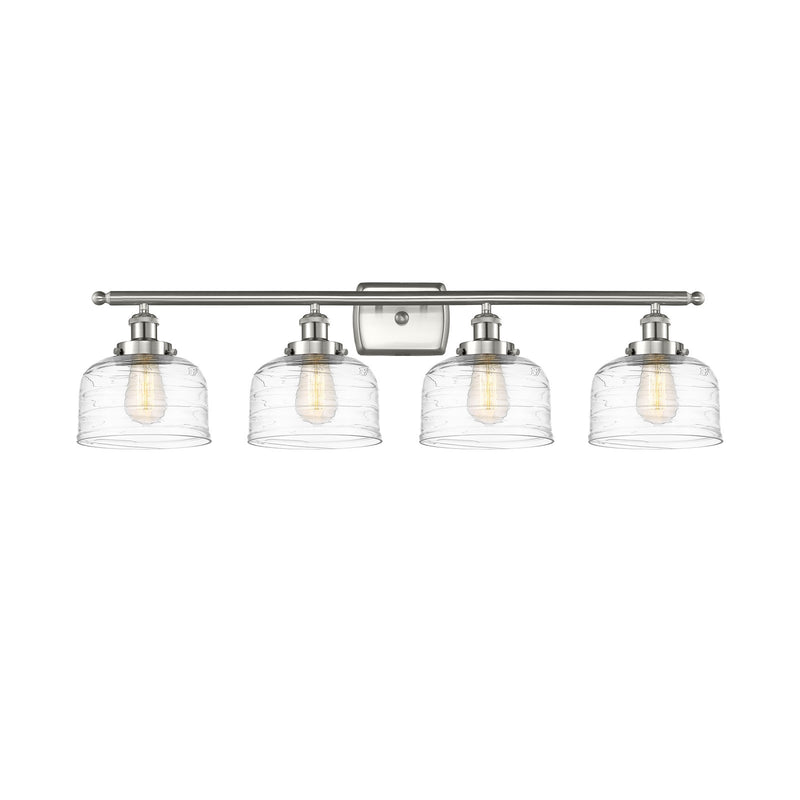 Innovations Bell 38in 4-Light LED Bath Vanity Light | Industrial Brushed Satin Nickel and Clear Deco Swirl Glass | Bathroom | Model 916-4W-SN-G713-LED