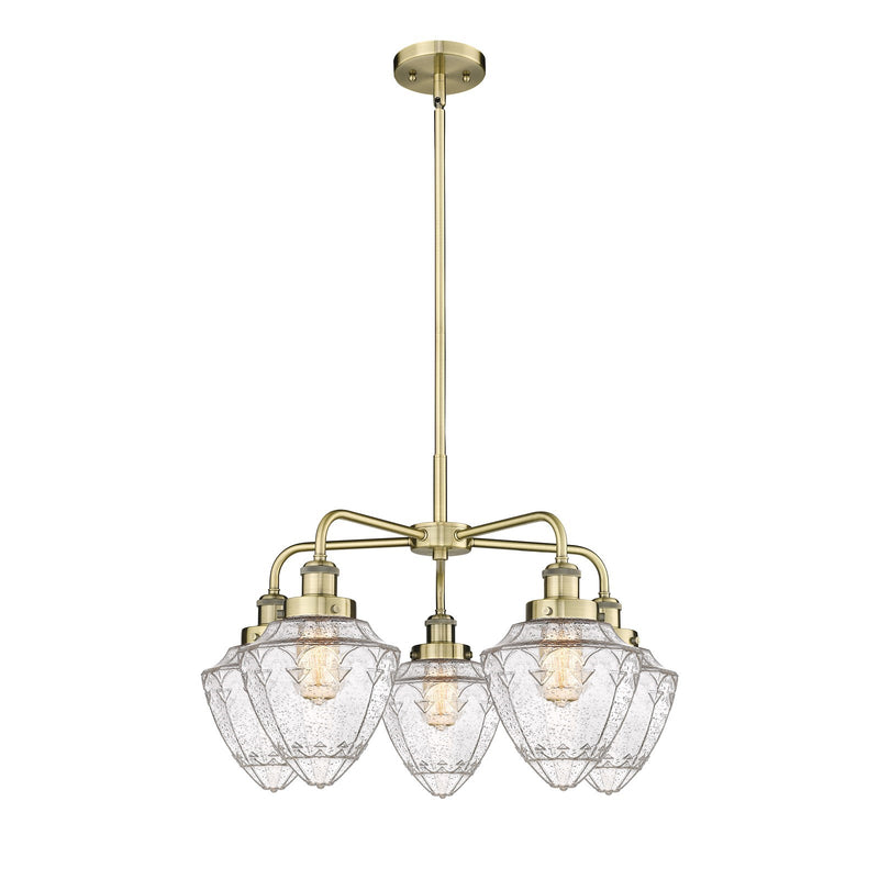 Innovations Bullet 25.5in 5-Light Chandelier | Industrial Antique Brass Steel and Seedy Glass | Kitchen Island & Dining Room | Model 916-5CR-AB-G664-7