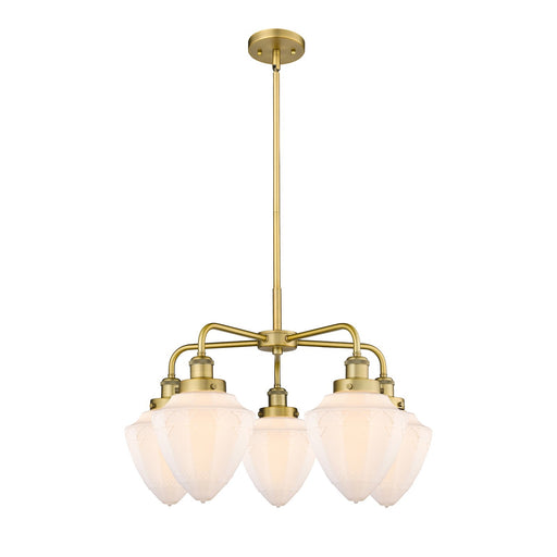 Innovations Bullet 25.5in 5-Light Chandelier | Industrial Transitional Brushed Brass and Matte White Frosted Glass | Dining Room | Model 916-5CR-BB-G661-7