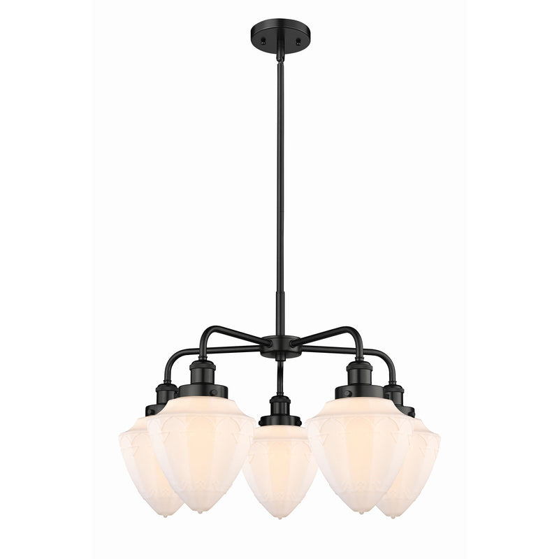 Innovations Bullet 25.5in 5-Light Chandelier | Industrial Matte Black Steel and Matte White Frosted Glass | Kitchen Island & | Model 916-5CR-BK-G661-7