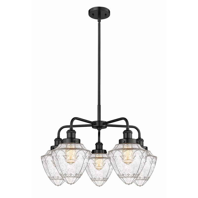 Innovations Bullet 25.5in 5-Light Chandelier | Industrial Matte Black Steel and Seedy Glass | Kitchen Island & Dining Room | Model 916-5CR-BK-G664-7