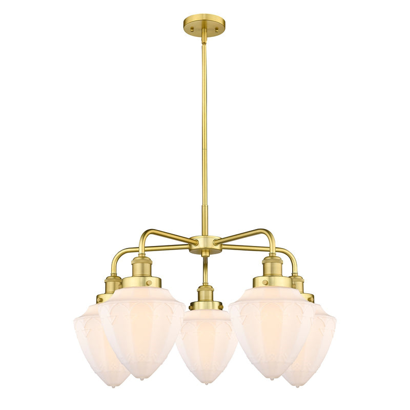 Innovations Bullet 25.5in 5-Light Chandelier | Industrial Satin Gold Steel and Matte White Glass | Kitchen Island & Dining Room | Model 916-5CR-SG-G661-7