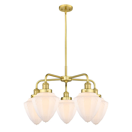 Innovations Bullet 25.5in 5-Light Chandelier | Industrial Satin Gold Steel and Matte White Glass | Kitchen Island & Dining Room | Model 916-5CR-SG-G661-7