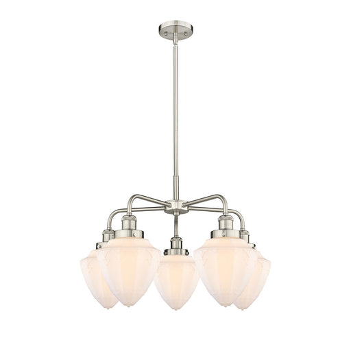 Innovations Bullet 26in 5-Light Chandelier | Industrial Satin Nickel Steel and Matte White Frosted Glass | Kitchen Island & | Model 916-5CR-SN-G661-7