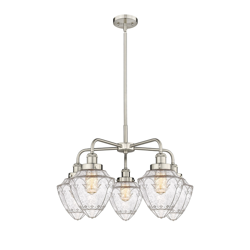Innovations Bullet 26in 5-Light Chandelier | Industrial Satin Nickel Steel and Seedy Glass | Kitchen Island & Dining Room | Model 916-5CR-SN-G664-7