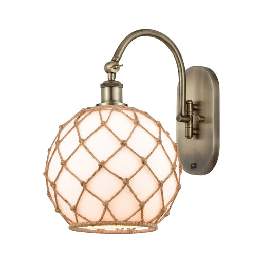 Innovations Farmhouse Rope 10in 1-Light Wall Sconce | Farmhouse Antique Brass and Matte White Glass with Brown Rope | Hallway | Model 918-1W-AB-G121-10RB