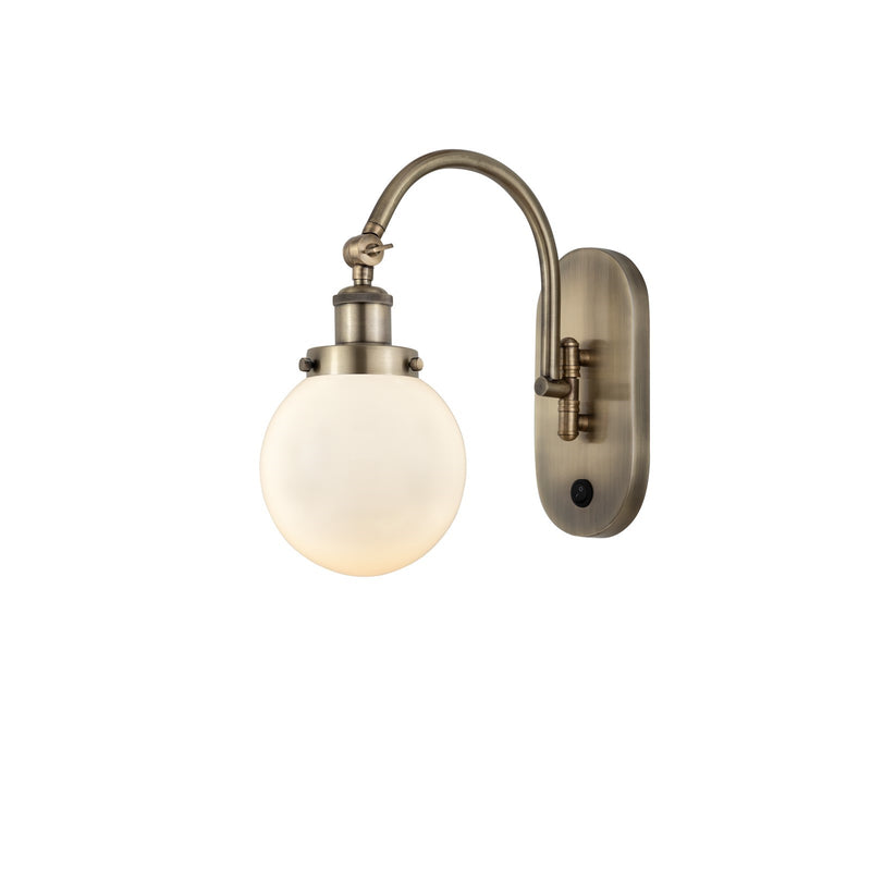 Innovations Beacon 6in 1-Light Swing Arm Lamp | Industrial Antique Brass Steel and Matte White Frosted Glass | Bedroom | Model 918-1W-AB-G201-6-LED