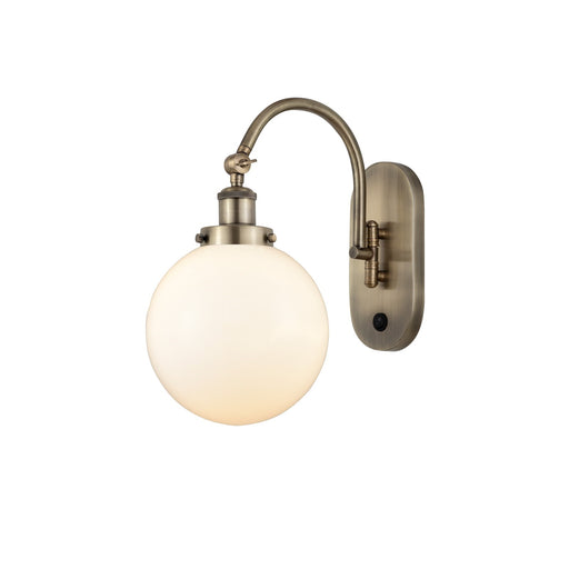 Innovations Beacon 8in 1-Light Swing Arm Lamp | Industrial Antique Brass Steel and Matte White Frosted Glass | Bedroom Reading & | Model 918-1W-AB-G201-8