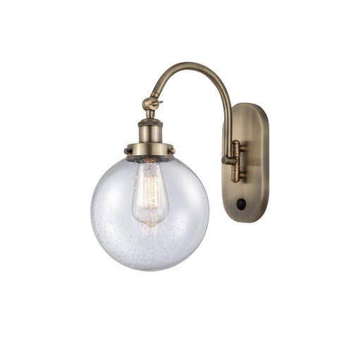 Innovations Beacon 8in 1-Light Swing Arm Lamp | Industrial Antique Brass Steel and Seedy Glass | Bedroom & Living Room | Model 918-1W-AB-G204-8-LED