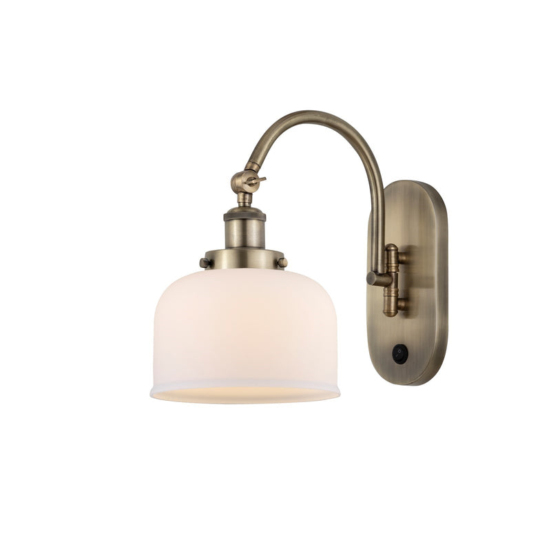 Innovations Bell 8in 1-Light Swing Arm Wall Sconce | Industrial Antique Brass Steel and Matte White Frosted Glass | Bedroom & Living | Model 918-1W-AB-G71