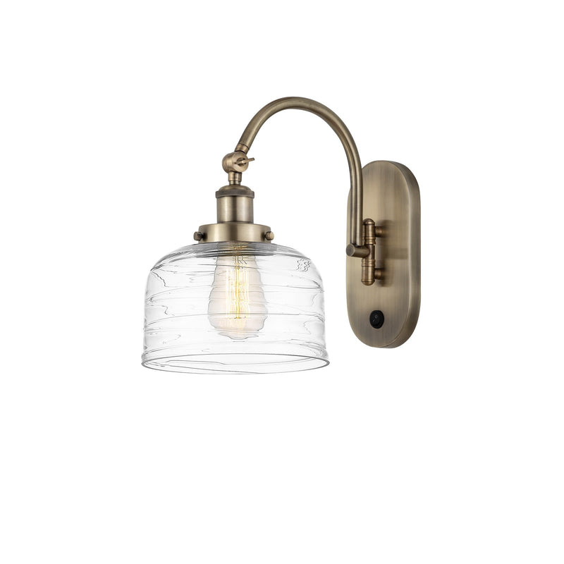 Innovations Bell 8in 1-Light Swing Arm Wall Sconce | Industrial Antique Brass Steel and Clear Deco Swirl Glass | Bedroom & | Model 918-1W-AB-G713-LED
