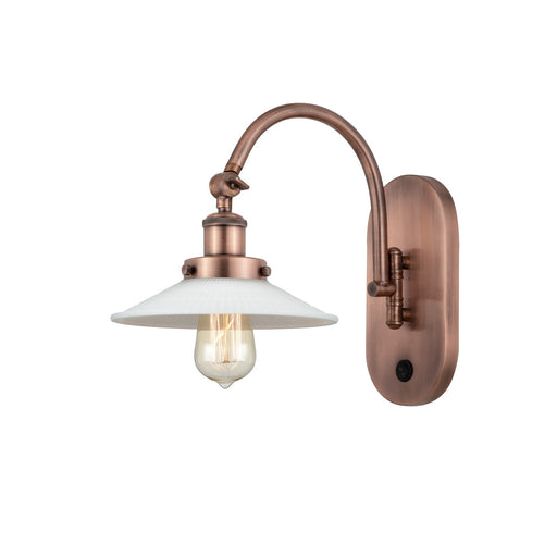 Innovations Halophane 8.5in 1-Light Swing Arm Lamp | Industrial Antique Copper and Matte White Frosted Glass | Bedroom & Living Room | Model 918-1W-AC-G1