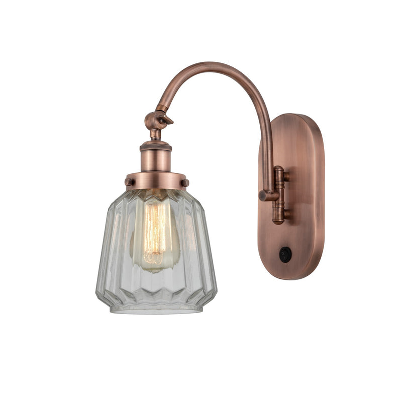 Innovations Chatham 7in 1-Light Swing Arm Lamp | Industrial Antique Copper Steel and Clear Ribbed Glass | Bedroom & Living Room | Model 918-1W-AC-G142-LED