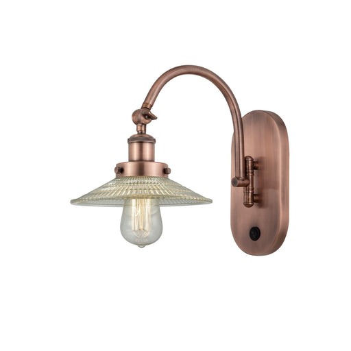 Innovations Halophane 9in 1-Light Swing Arm Lamp | Industrial Antique Copper Steel and Clear Halophane Glass | Bedroom & Living Room | Model 918-1W-AC-G2