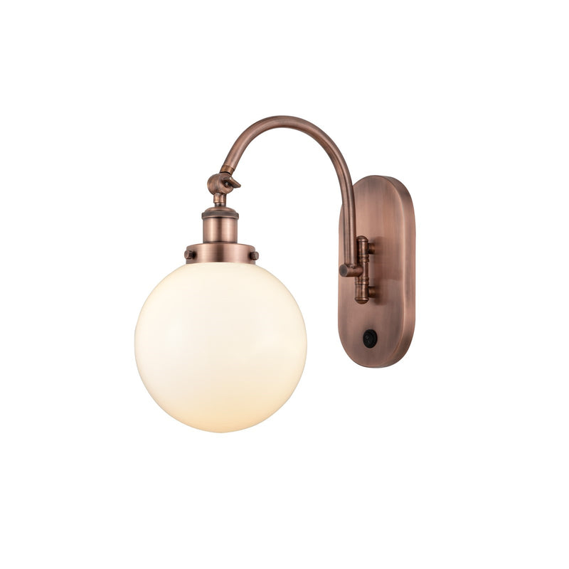 Innovations Beacon 8in 1-Light Swing Arm Lamp | Industrial Antique Copper Steel and Matte White Frosted Glass | Bedroom & Living | Model 918-1W-AC-G201-8