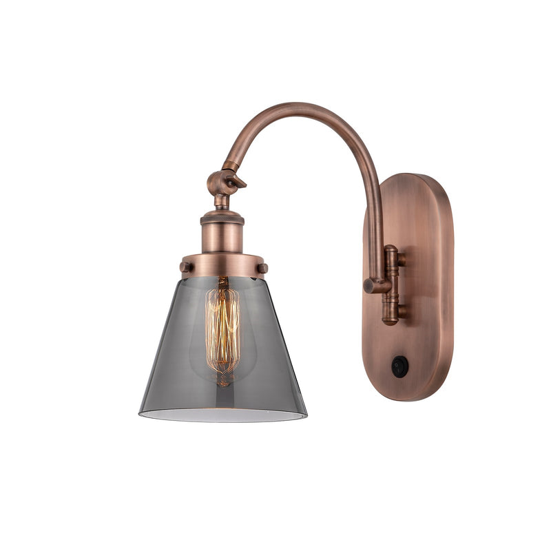 Innovations Cone 6.25in 1-Light Swing Arm Wall Sconce | Industrial Antique Copper Steel and Light Smoke Glass | Bedroom & Living | Model 918-1W-AC-G63-LED