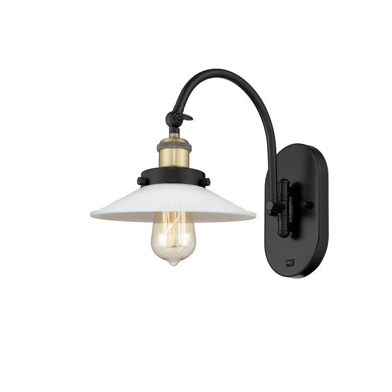 Innovations Halophane 1-Light 8.5in Swing Arm Wall Sconce | Industrial Black Antique Brass Steel and Matte White Frosted Glass | Model 918-1W-BAB-G1-LED