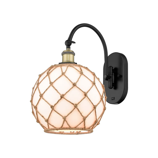 Innovations Farmhouse Rope 10in 1-Light Wall Sconce | Industrial Black Antique Brass and Matte White Glass with Brown Rope | Model 918-1W-BAB-G121-10RB