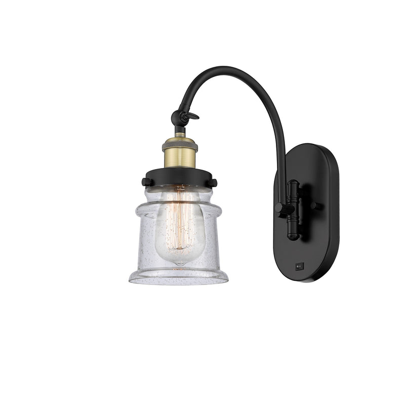 Innovations Canton 1-Light 6.5in Swing Arm Wall Sconce | Industrial Black Antique Brass Steel and Seedy Glass | Bedroom & | Model 918-1W-BAB-G184S-LED