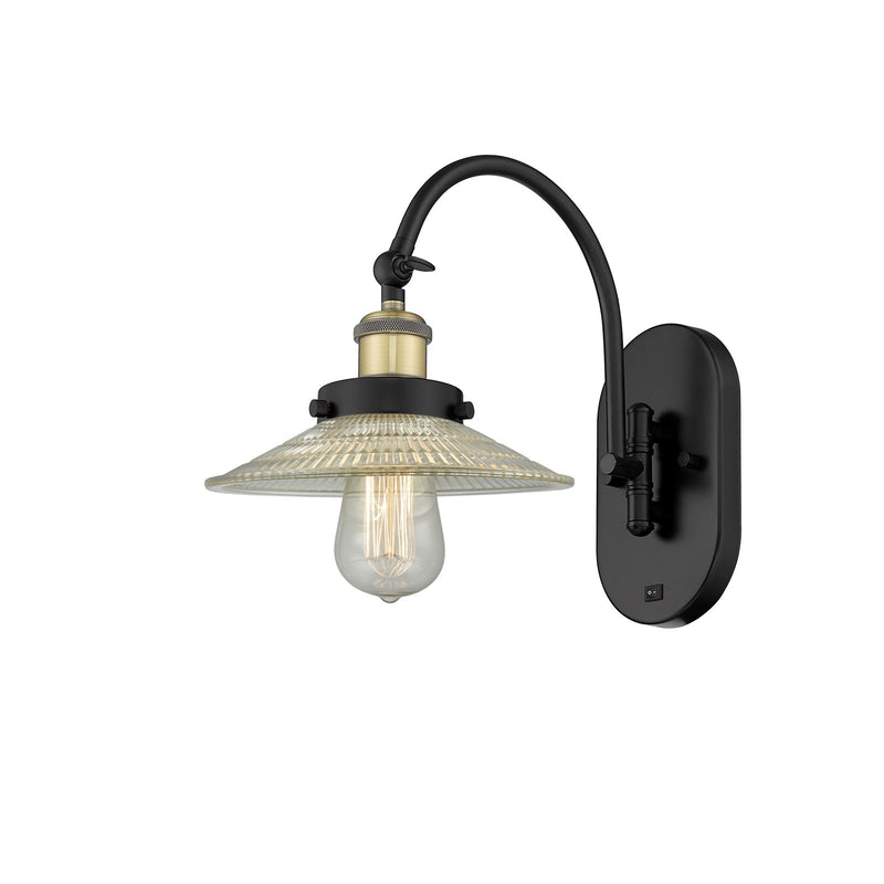 Innovations Halophane 9in 1-Light Swing Arm Wall Sconce | Industrial Black Antique Brass and Clear Halophane Glass | Bedroom Reading | Model 918-1W-BAB-G2