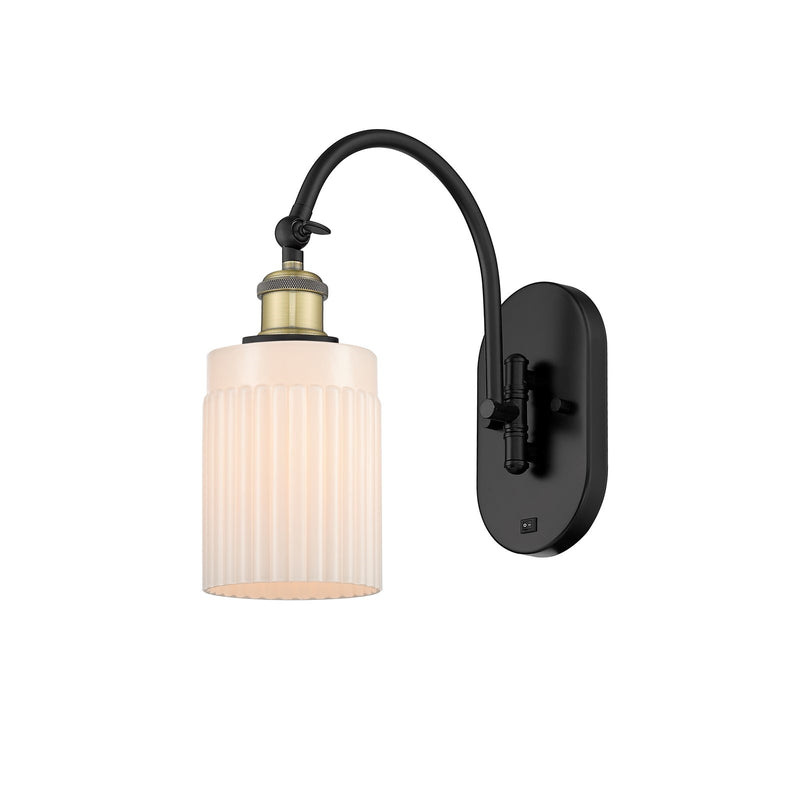 Innovations Hadley 1-Light Wall Sconce | Industrial Black Antique Brass Steel and Matte White Ribbed Glass | Bathroom & Hallway | Model 918-1W-BAB-G341